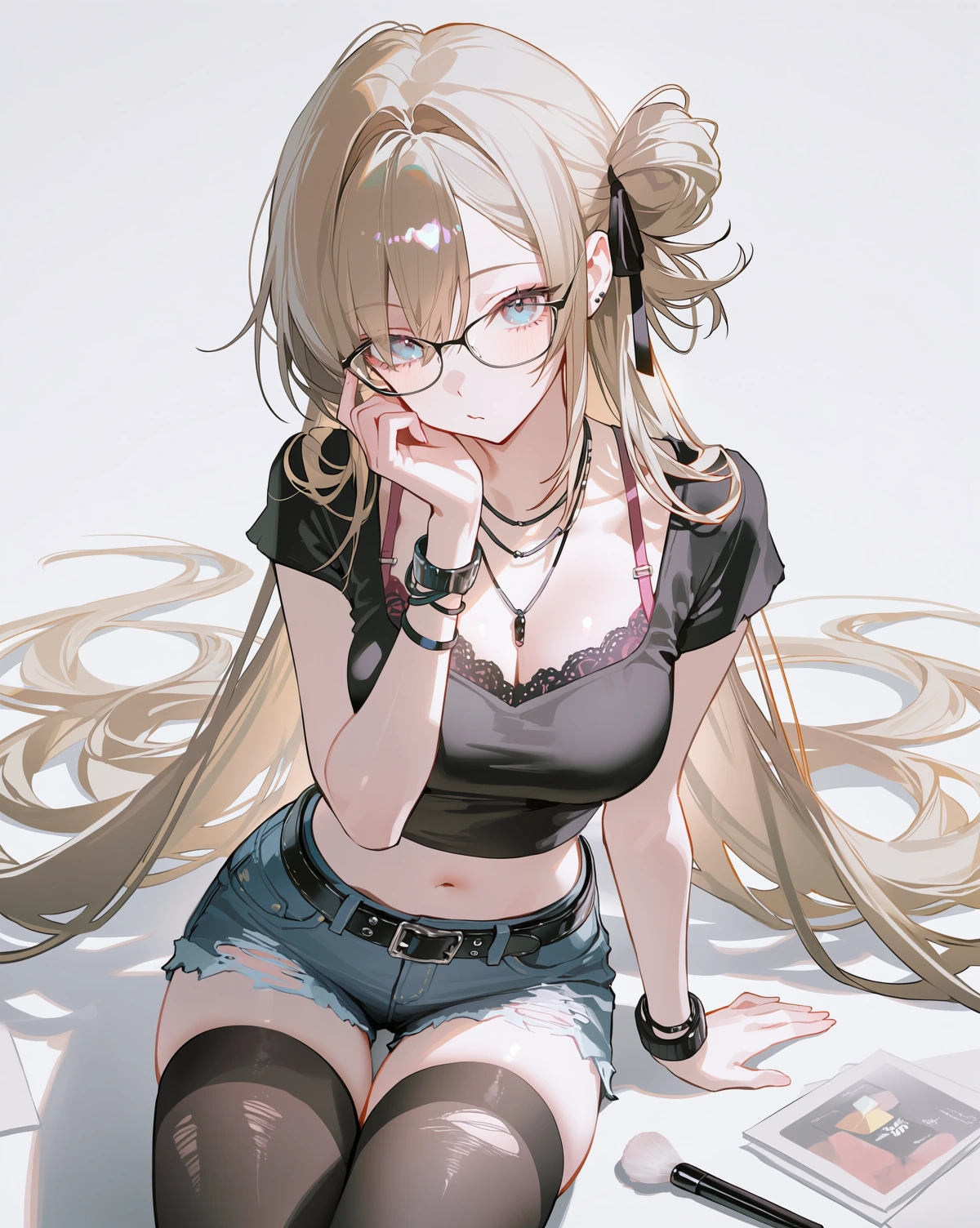 戴黑框眼镜的金发女性，黑色短上衣与牛仔短裤，身旁放着化妆刷