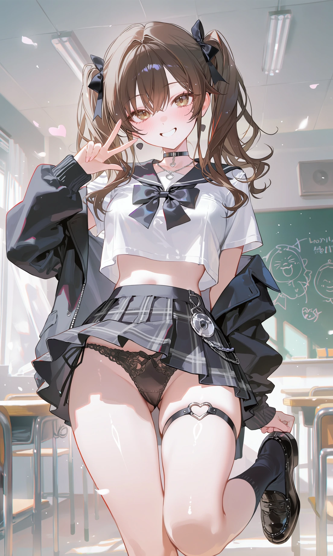 棕色双马尾的成年女性，身穿水手风短上衣、灰色格纹百褶裙与黑色外套的 Cosplay 造型