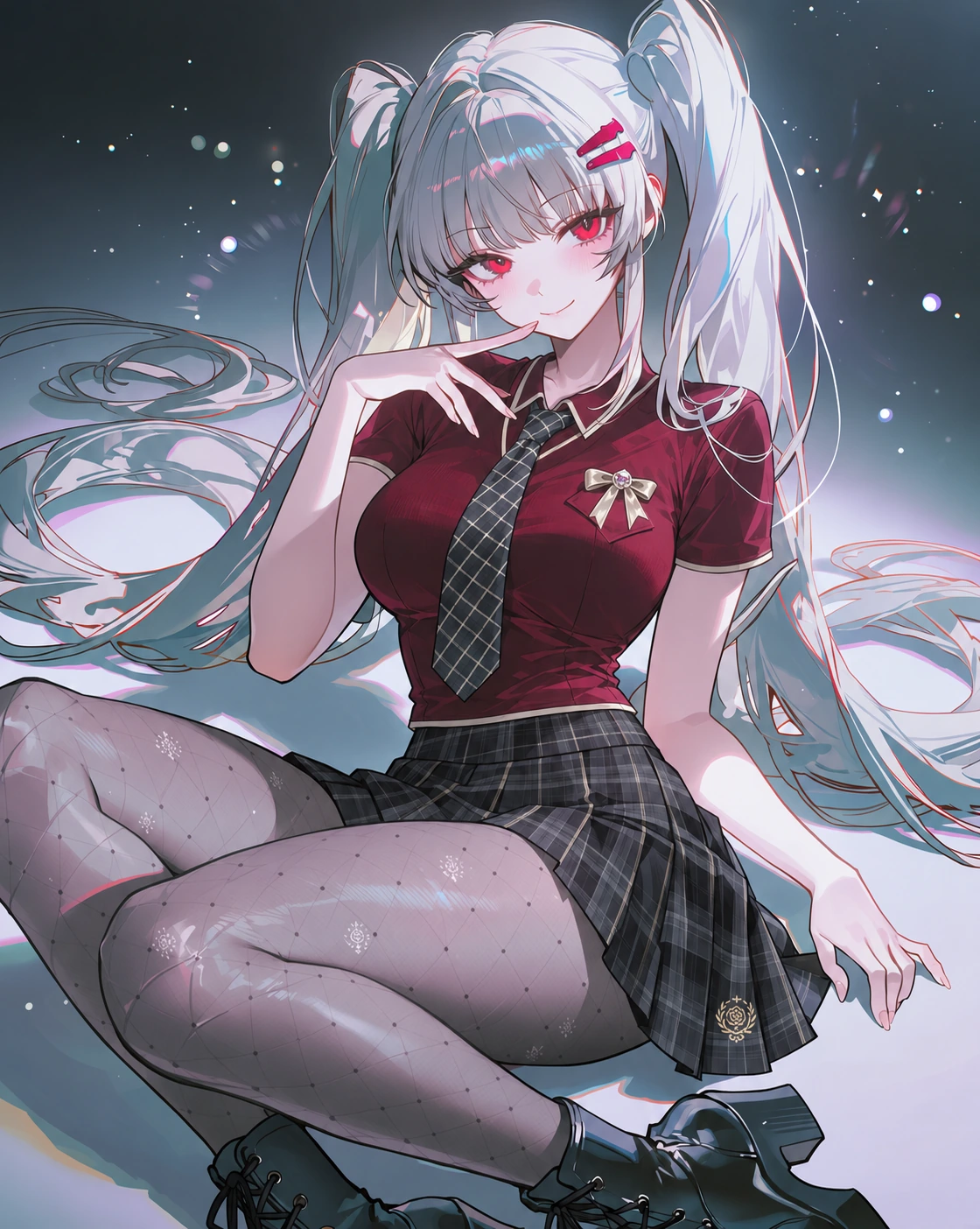 银色双马尾、红色眼睛的女性，身穿酒红制服上衣、格纹短裙和灰色花纹丝袜