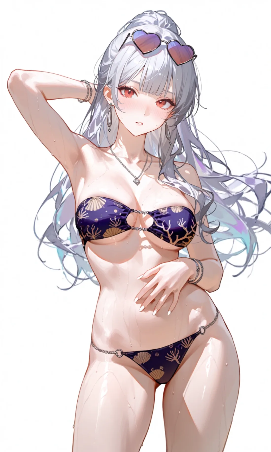 白色背景前的银发少女，贝壳纹泳装，爱心墨镜推在头顶，身上还带着水珠